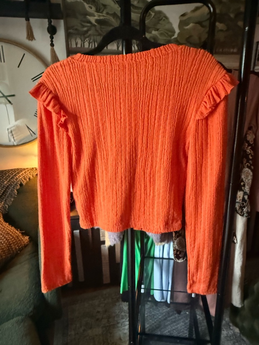 Zara Vibrant Orange Ribbed Button Cardigan with Ruffle Shoulders - Picture 11 of 11